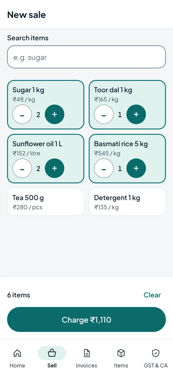 SquareBooks app: a new sale with rice, dal, oil and sugar in the cart