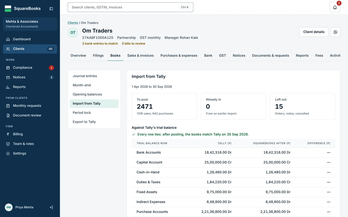 Import from Tally screen comparing Tally's trial balance with SquareBooks row by row